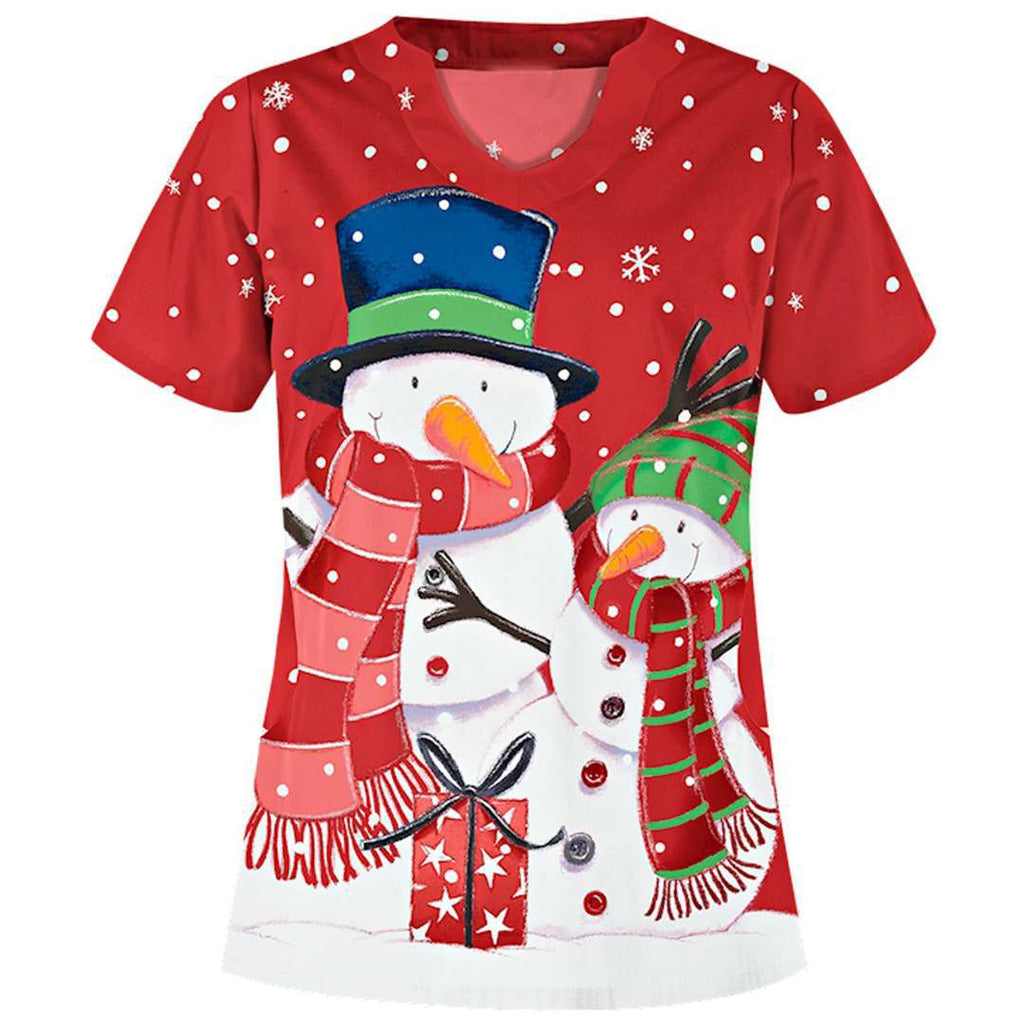 Christmas Print V-Neck Short Sleeve Shirt for Women
