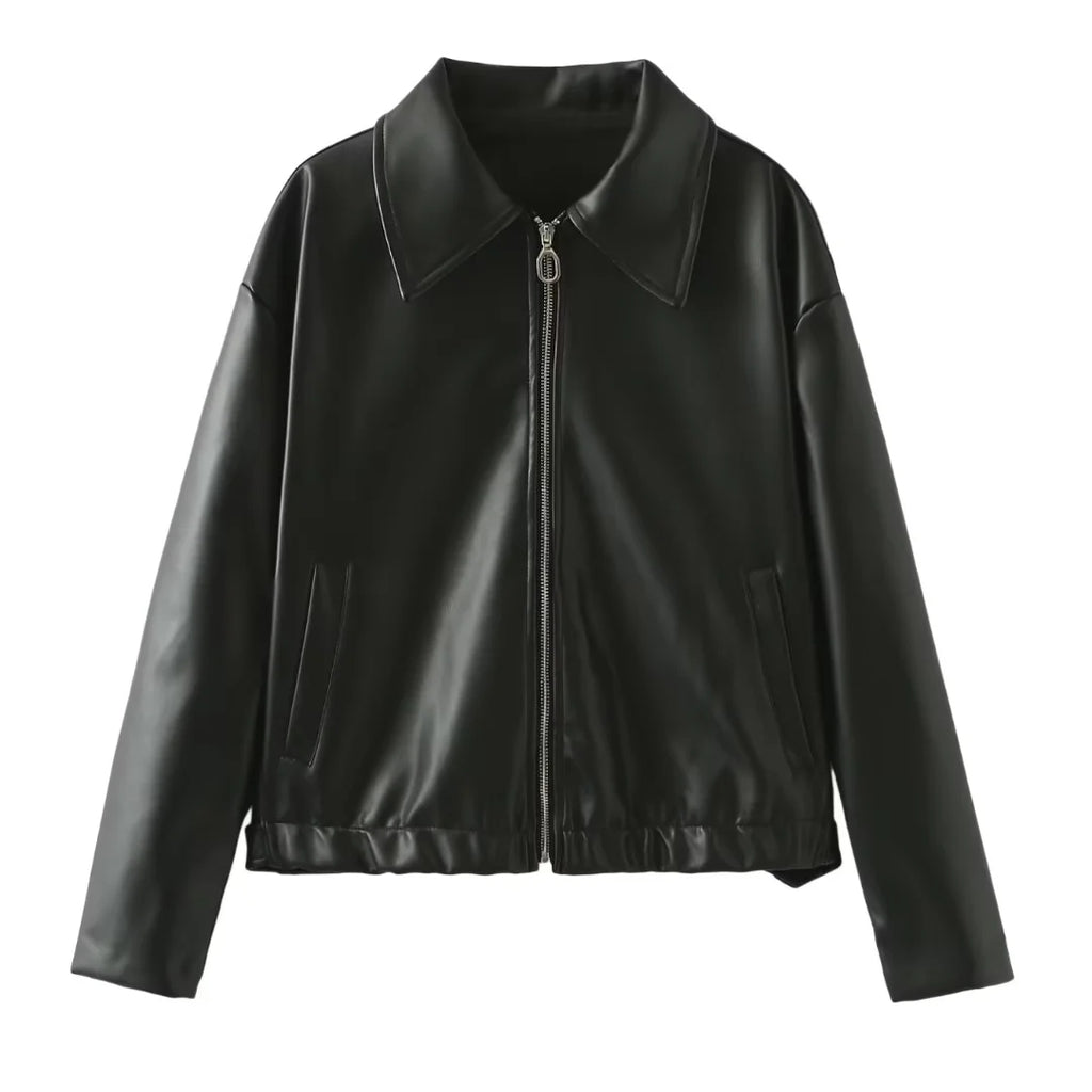 Women's Black Leather Traf Jacket - Casual Streetwear