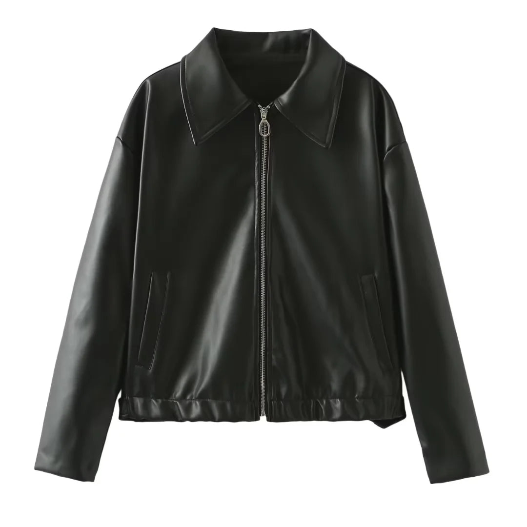 Women's Black Leather Traf Jacket - Casual Streetwear