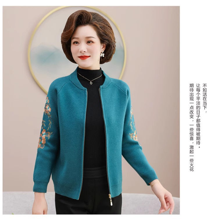 Embroidered Wool Cardigan for Middle-Aged Women