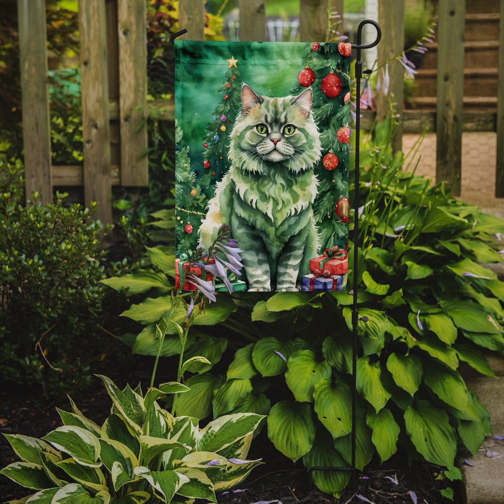 Selkirk Rex Cat By the Christmas Tree Garden Flag