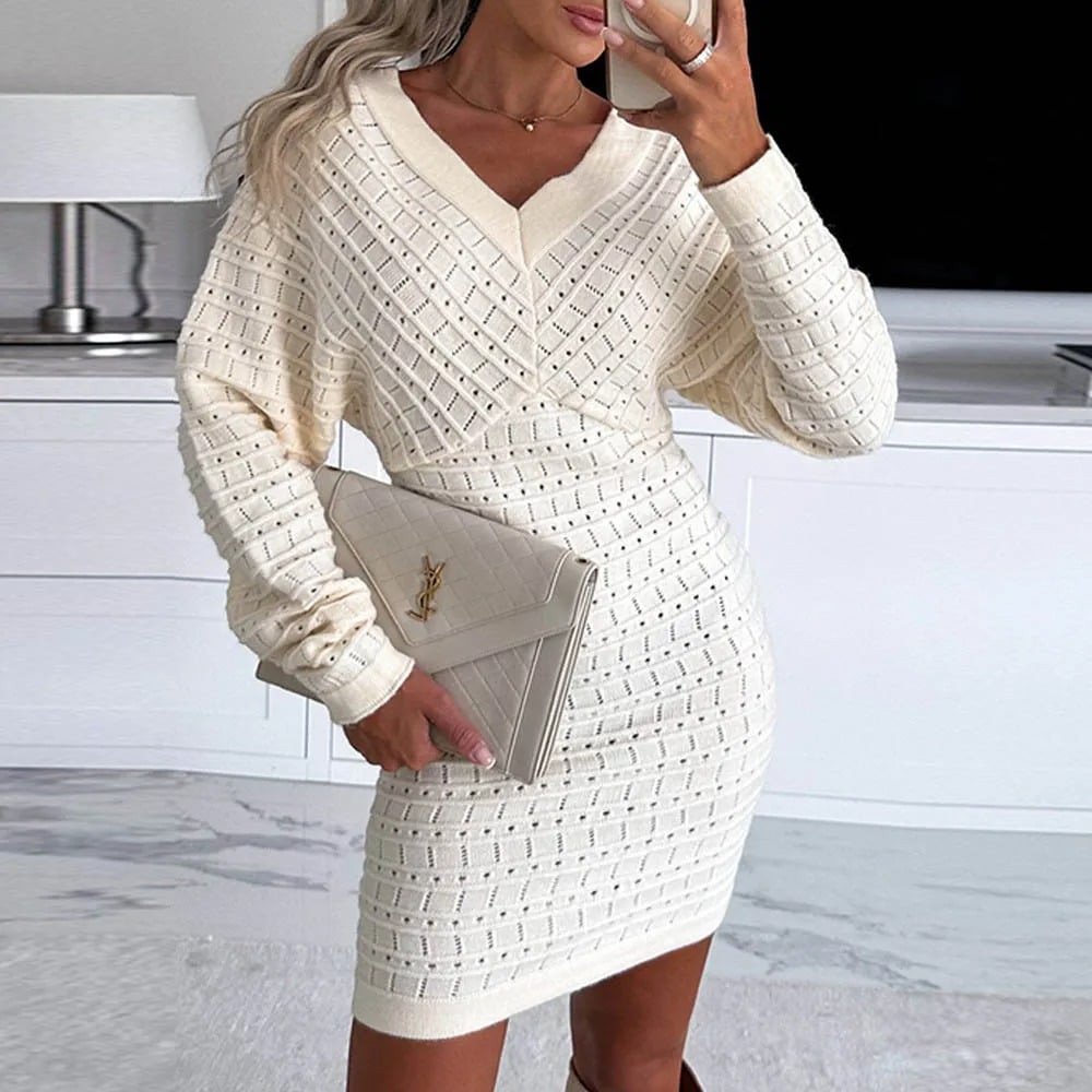 European American V-neck Wool Dress
