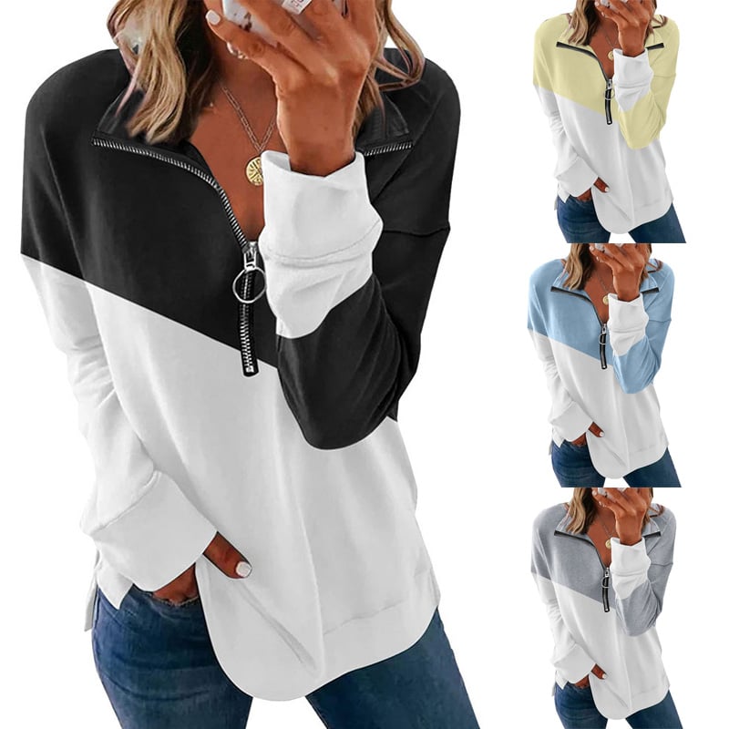 Contrast Color Loose Zip Pullover Sweatshirt Top | Streetwear