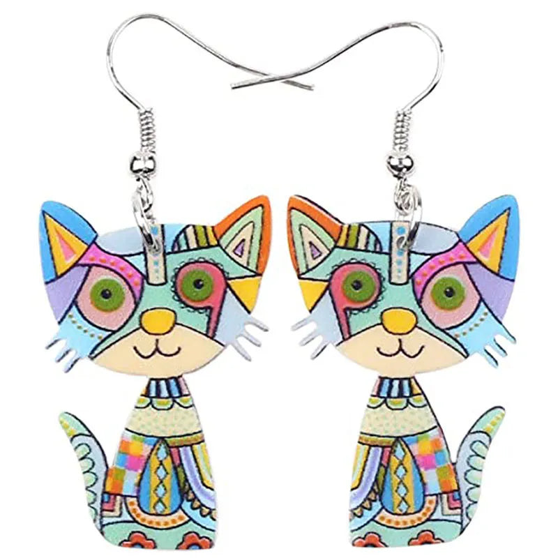 Colorful Painted Cat Drop Earrings