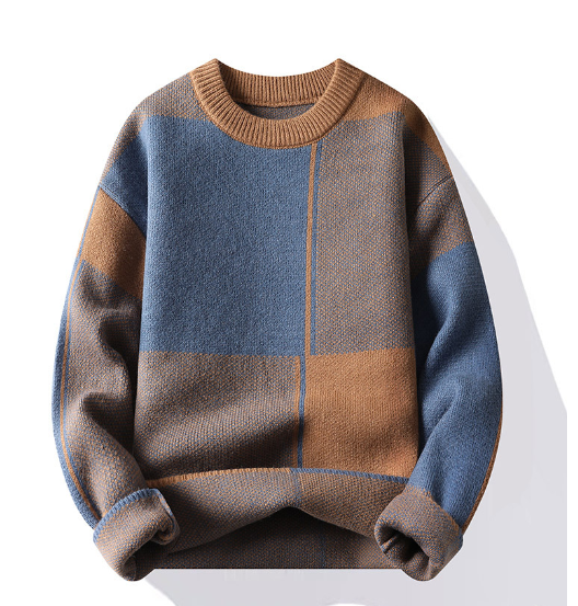 Men's Round Neck Thick Sweater with Geometric Design