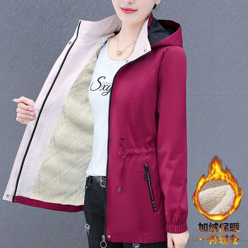 Hooded Mid-Length Velvet Windbreaker Jacket for Women