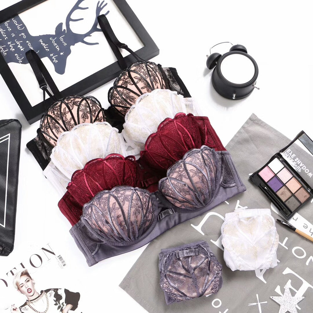 Lace Embroidered Wireless Bra and Lingerie Set