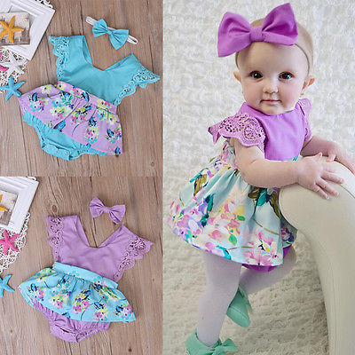 Summer Floral Lace Back Bodysuit Dress for Baby Girls