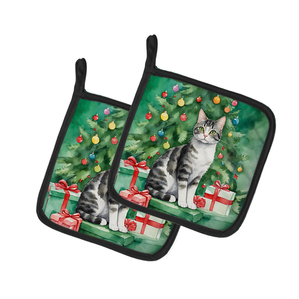 American Wirehair Cat By the Christmas Tree Pair of Pot Holders