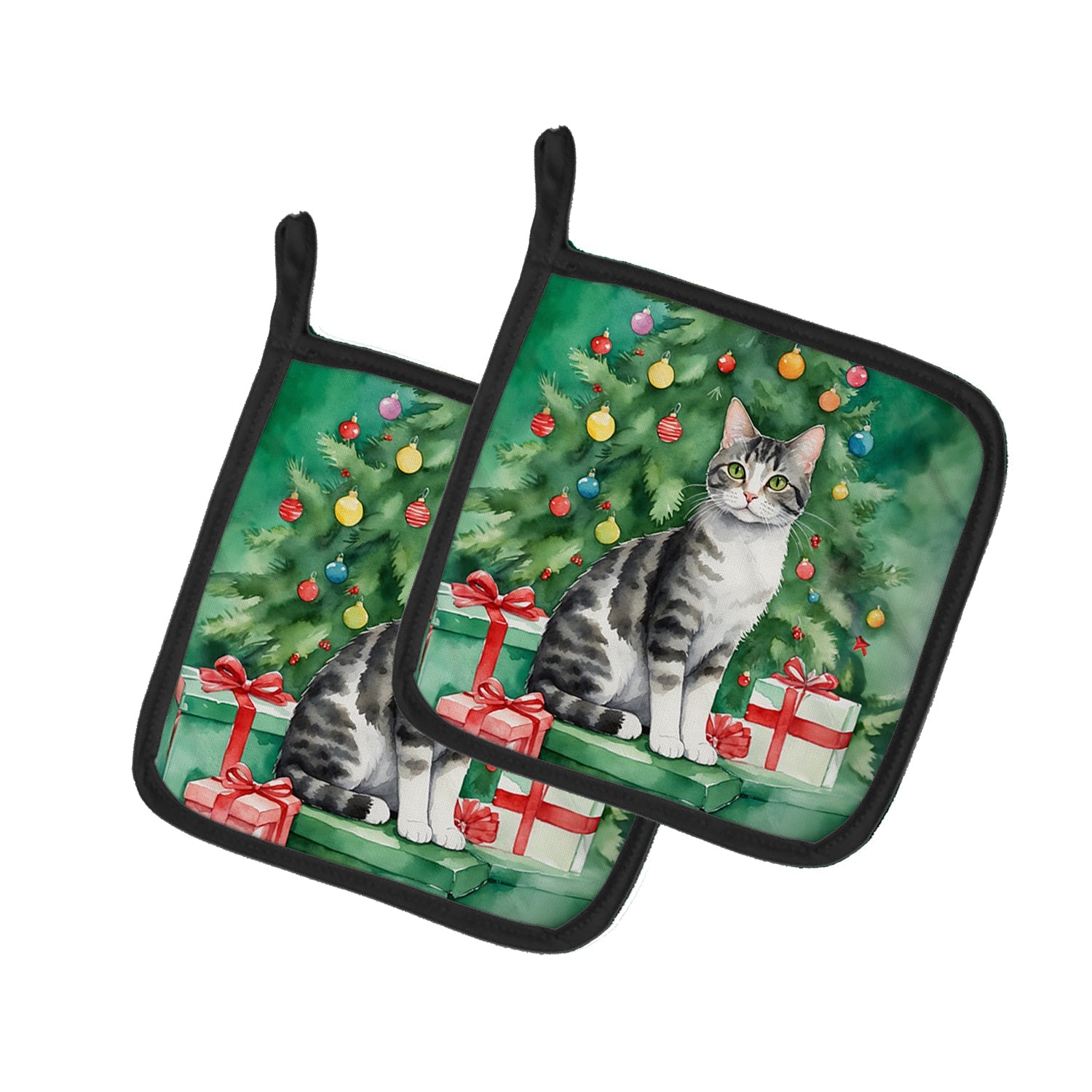 American Wirehair Cat By the Christmas Tree Pair of Pot Holders