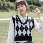 Vintage Plaid V Neck Sweater Tank Top for Women