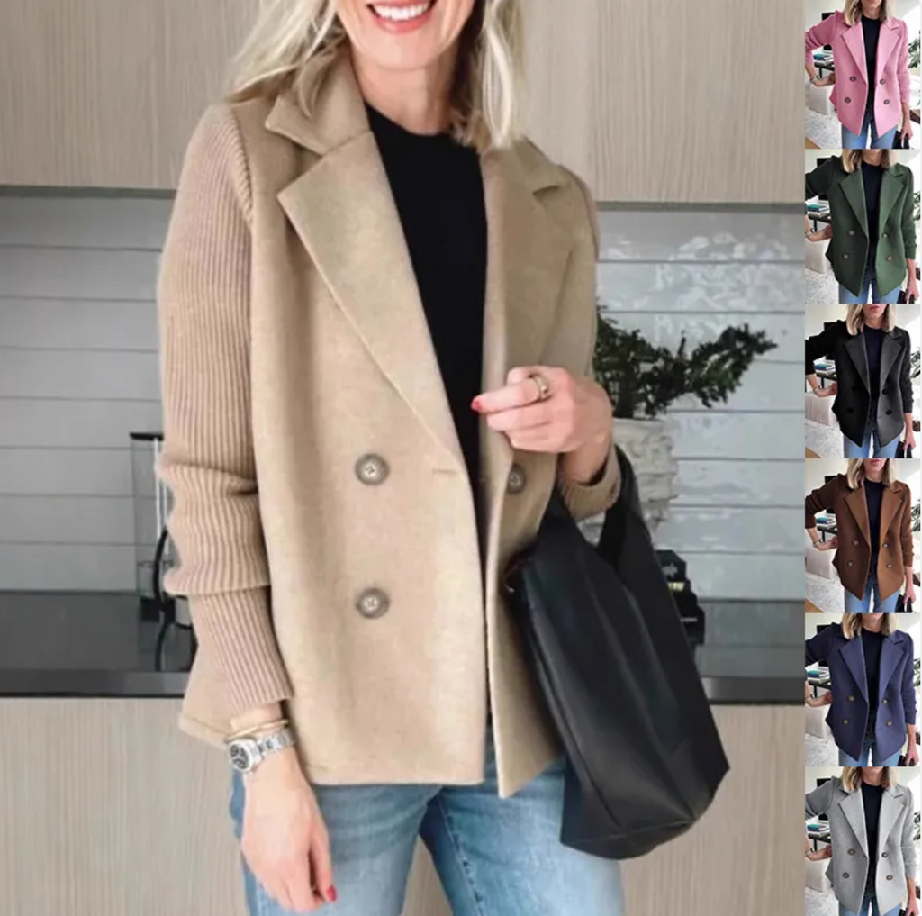 Women's Double-Breasted Lapel Coat with Knitted Sleeves