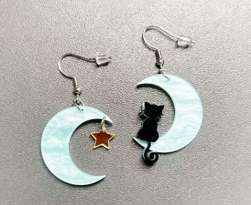 Cat and Moon Star Earrings