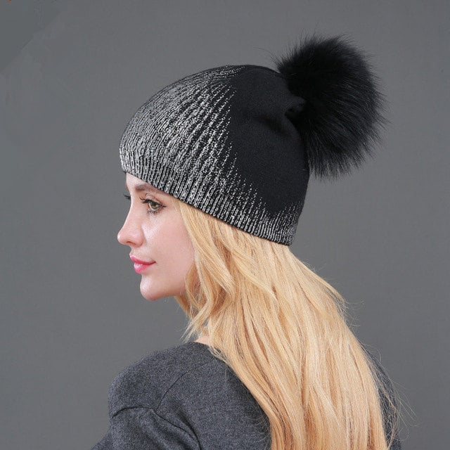 Warm Wool Knitted Hat for Women in Gold and Silver | Embroidered Cap