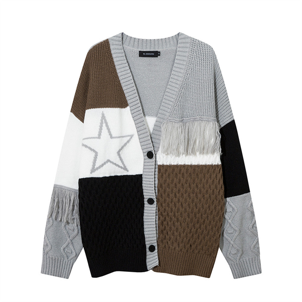 Men's Contrast Color Tassel V-neck Knitted Cardigan