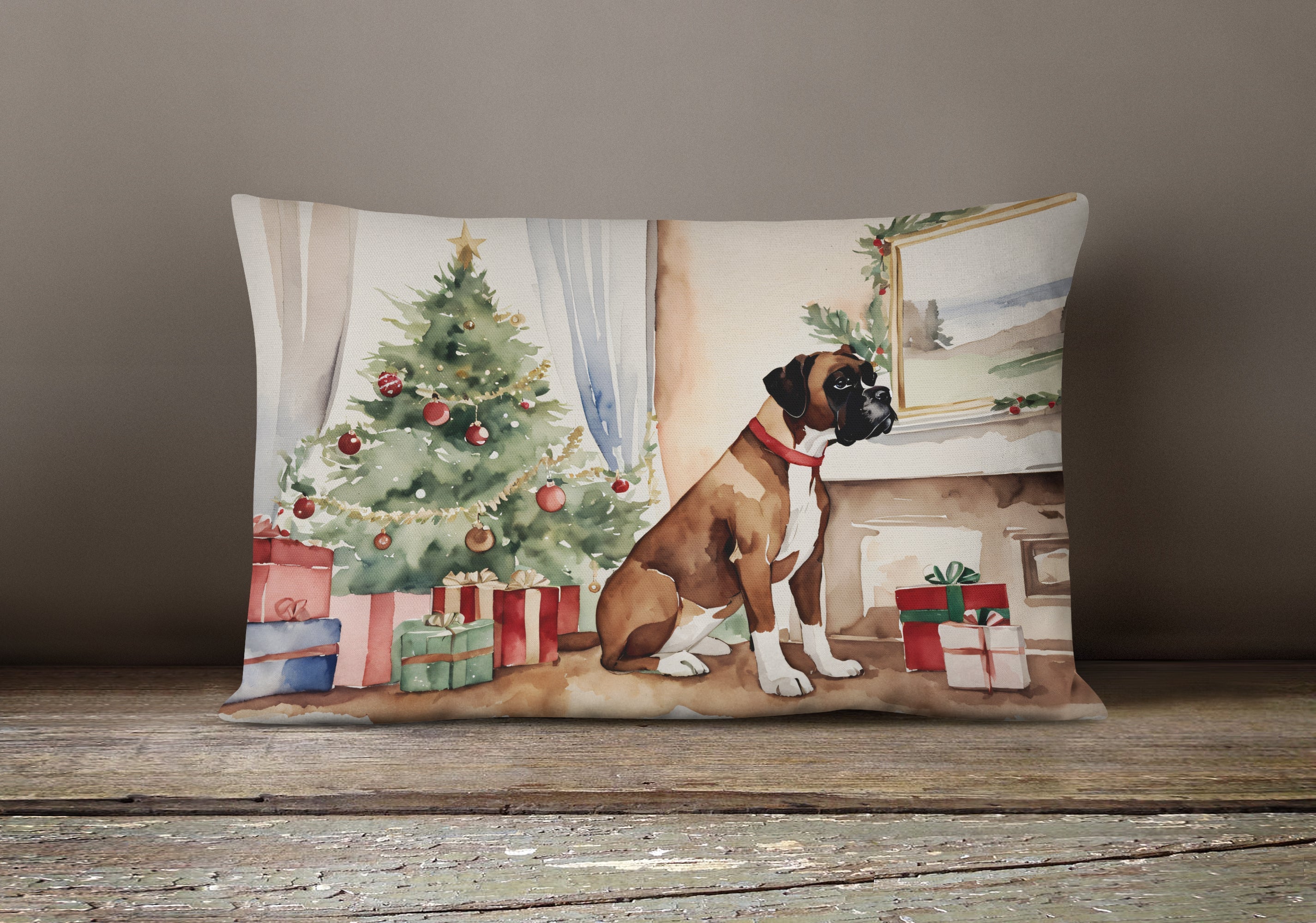 Fawn Boxer Christmas Throw Pillow