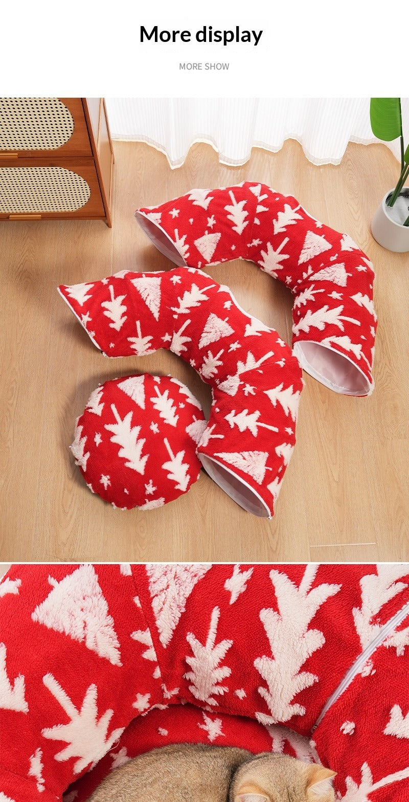 Christmas Tree Cat Tunnel Flannel Pet Bed