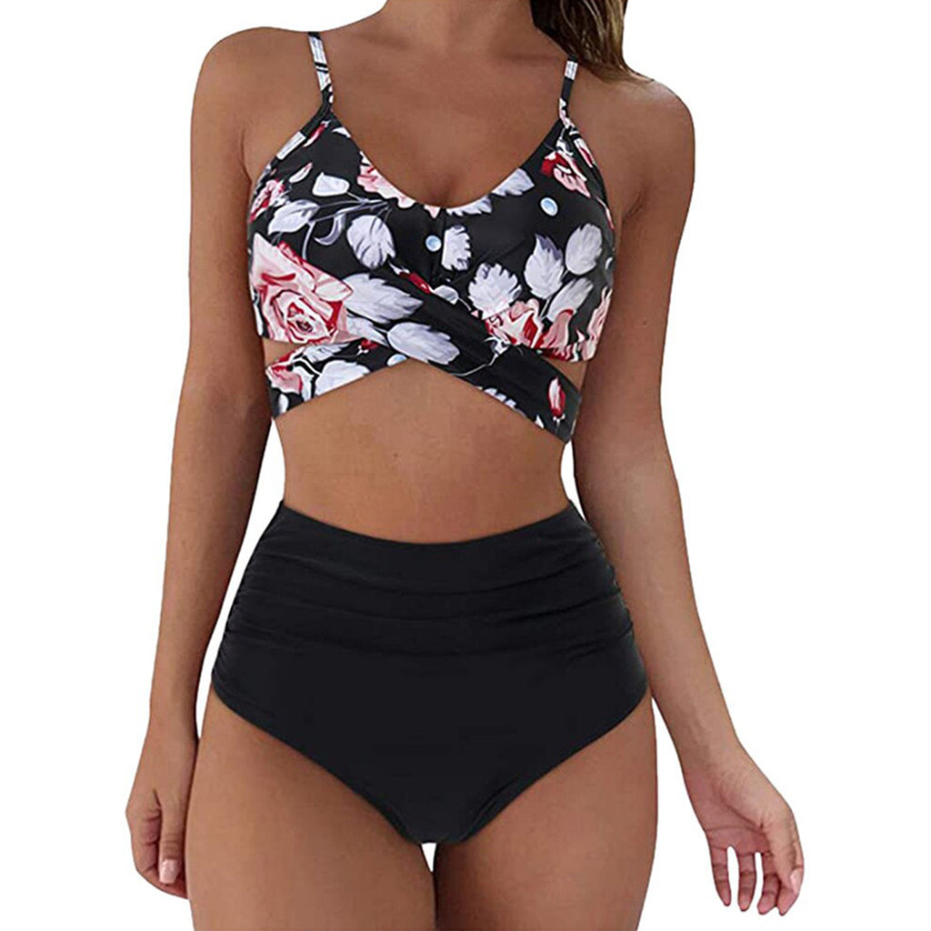 Cross Waist High Waist Leopard Print Bikini Set for Women