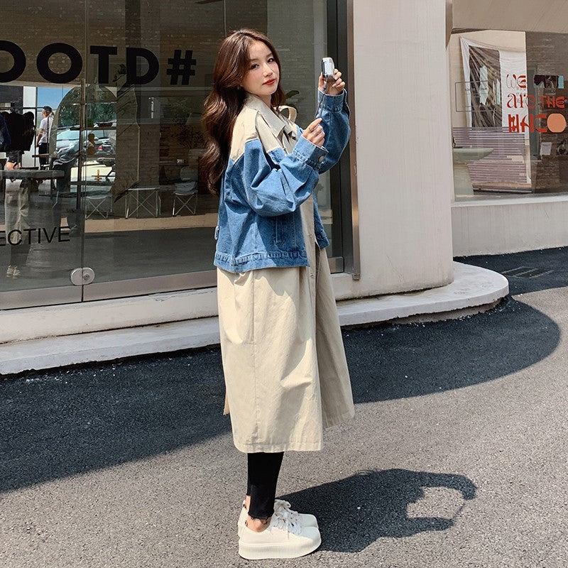 Fashionable Denim Patchwork Oversized Windbreaker Jacket