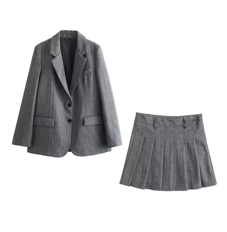 French Pinstripe Wool Blend Suit Skirt Set
