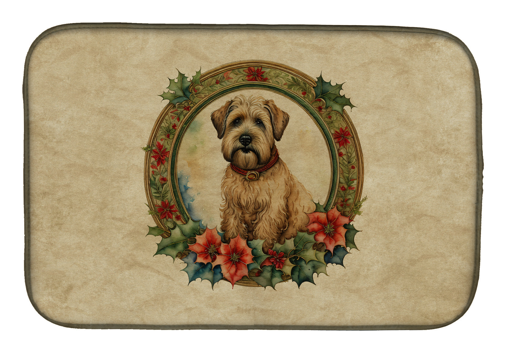 Wheaten Terrier Christmas Flowers Dish Drying Mat