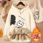 Women's Thick Fleece Hooded Jacket with Cat Print