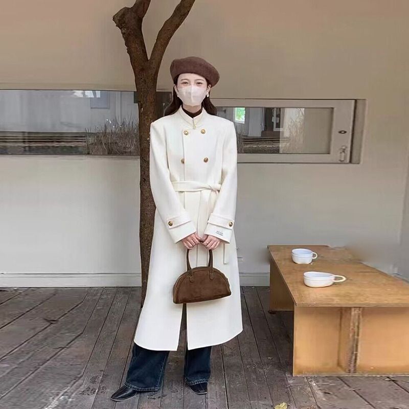 Double-Breasted Belted Woolen Coat in Metal Finish