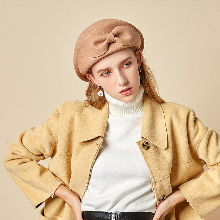 Vintage Bow Wool Beret Hat for Women