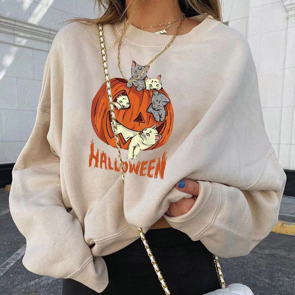 Fashionable Christmas Pumpkin Print Long Sleeve Top