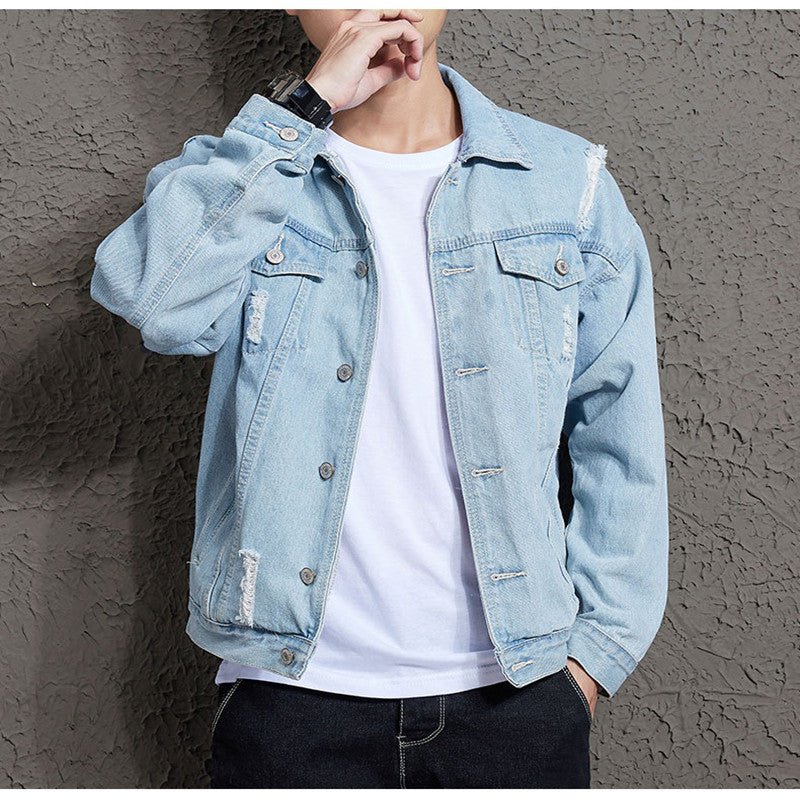 Men's Distressed Denim Jacket with Holes