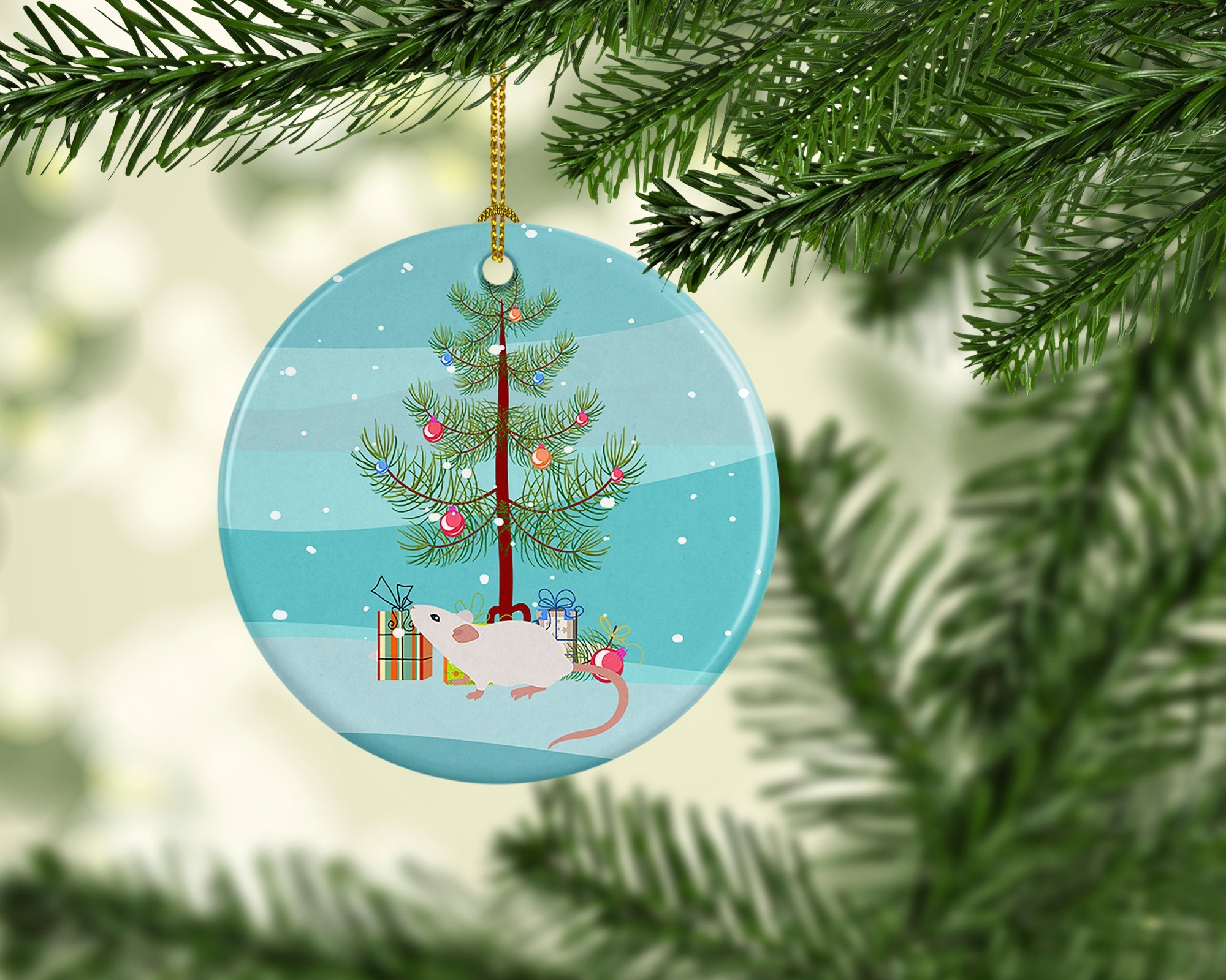 White Domestic Mouse Merry Christmas Ceramic Ornament