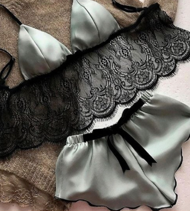 Satin and Lace Bralette and Shorts Lingerie Set