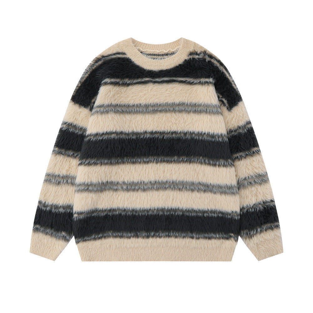 Men's American Style Striped Round Neck Sweater with Fleece