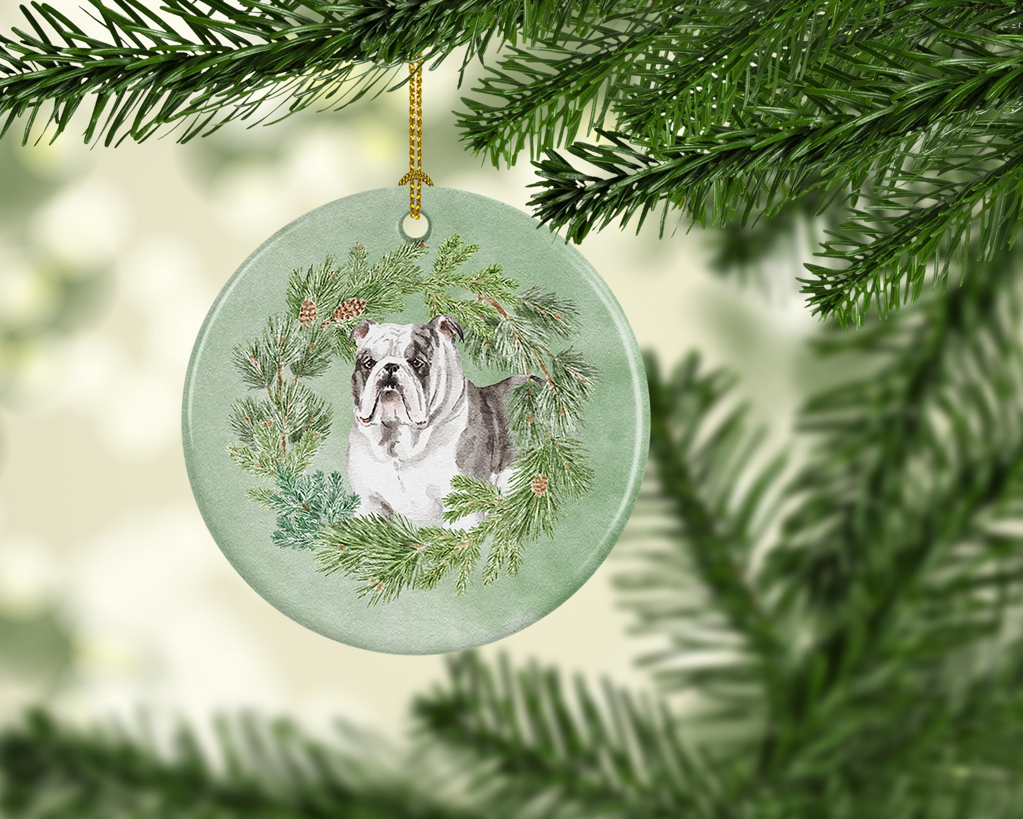 Bulldog Brindled Christmas Wreath Ceramic Ornament