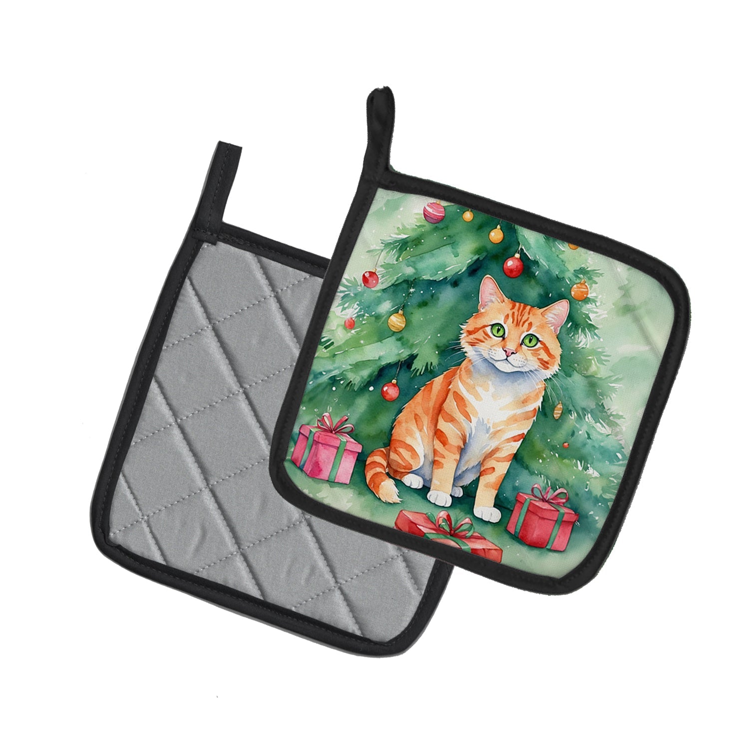 Cheetoh Cat By the Christmas Tree Pair of Pot Holders