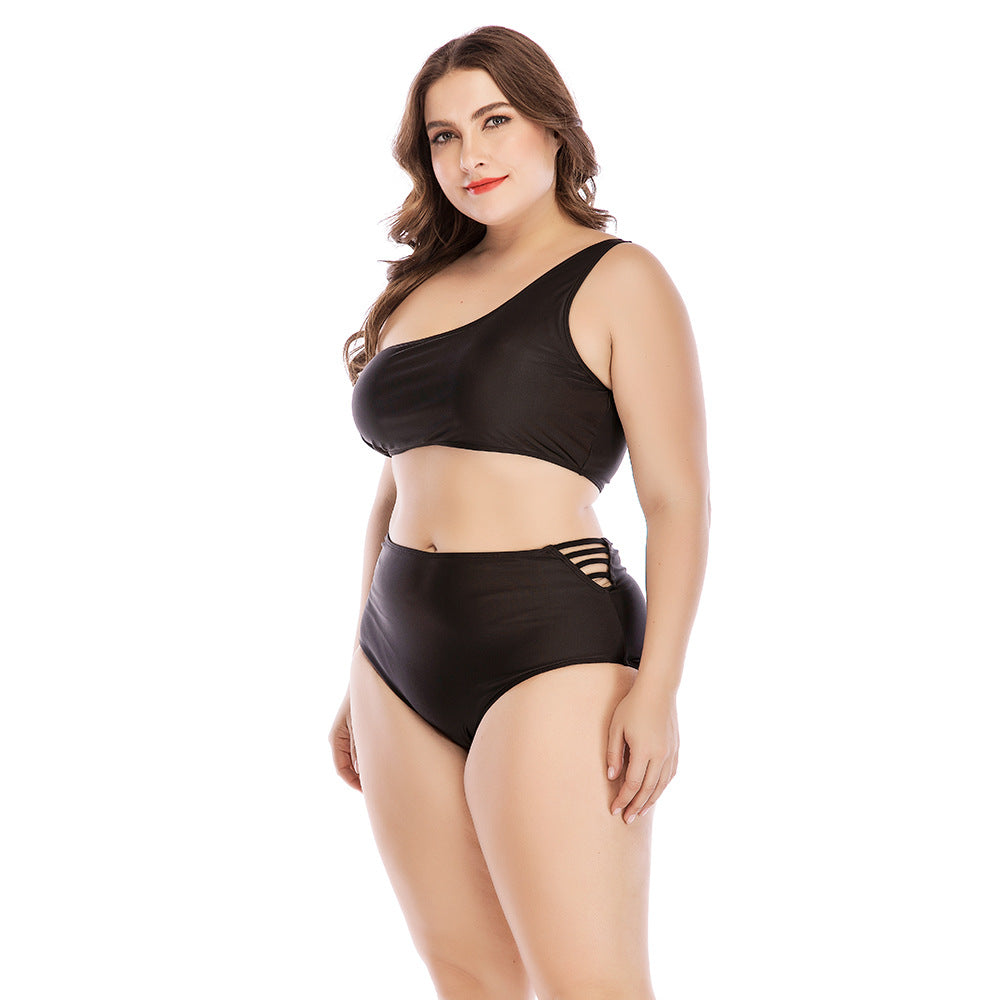 Plus Size High Waist Bikini with Hollow One Shoulder Design