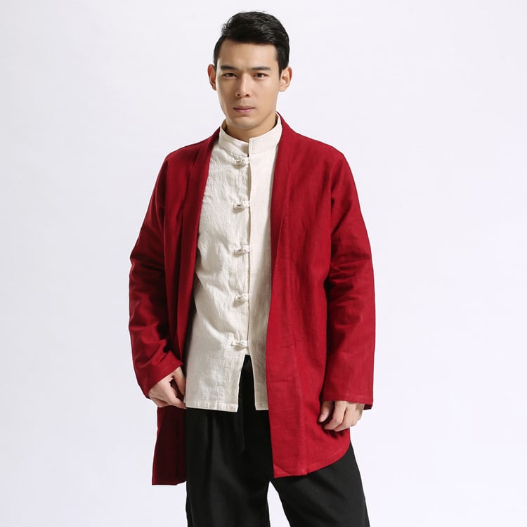 Linen Mid-Length Solid Color Hanfu Windbreaker Jacket