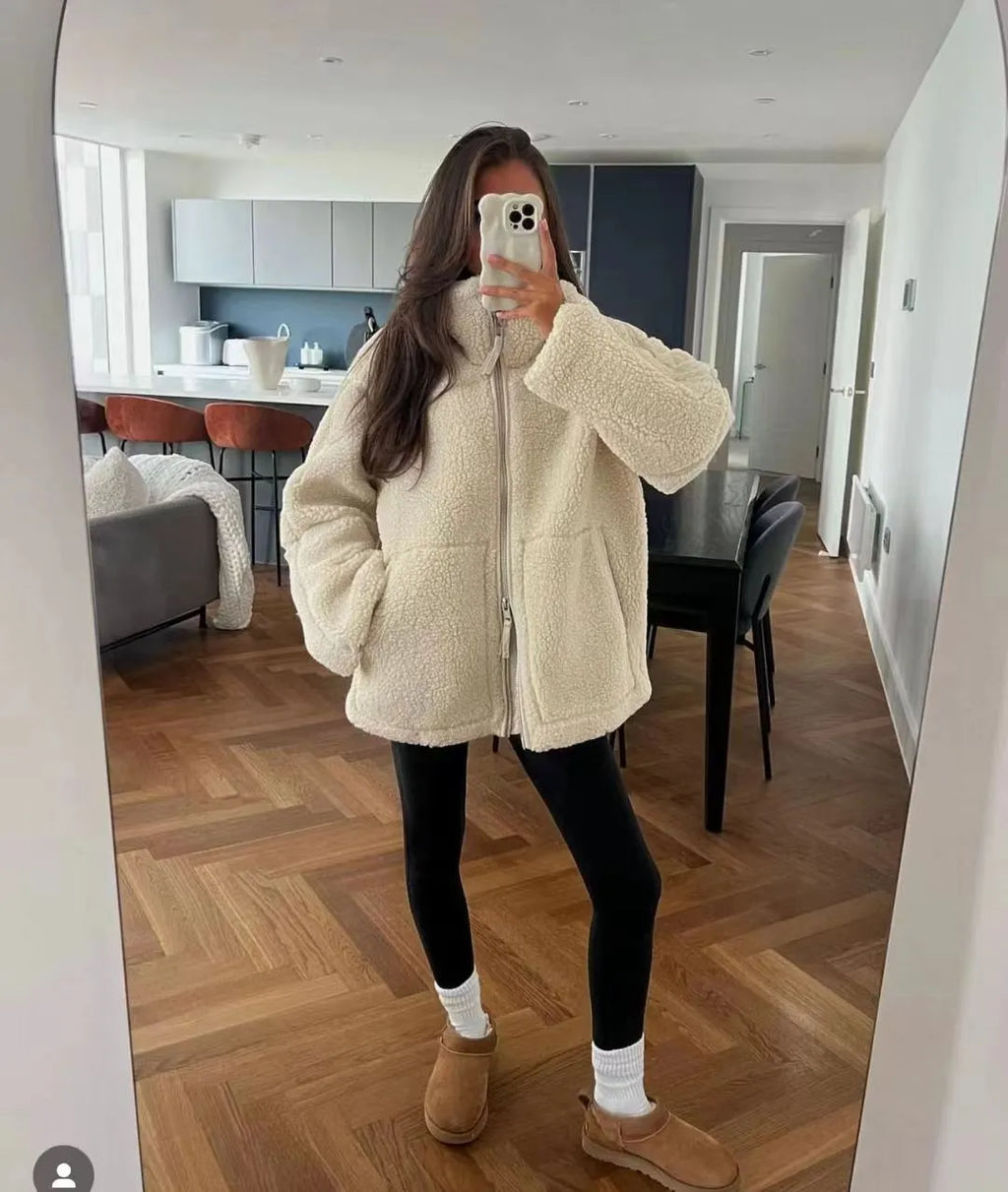 Women's Stand Collar Zipper Lamb Wool Coat