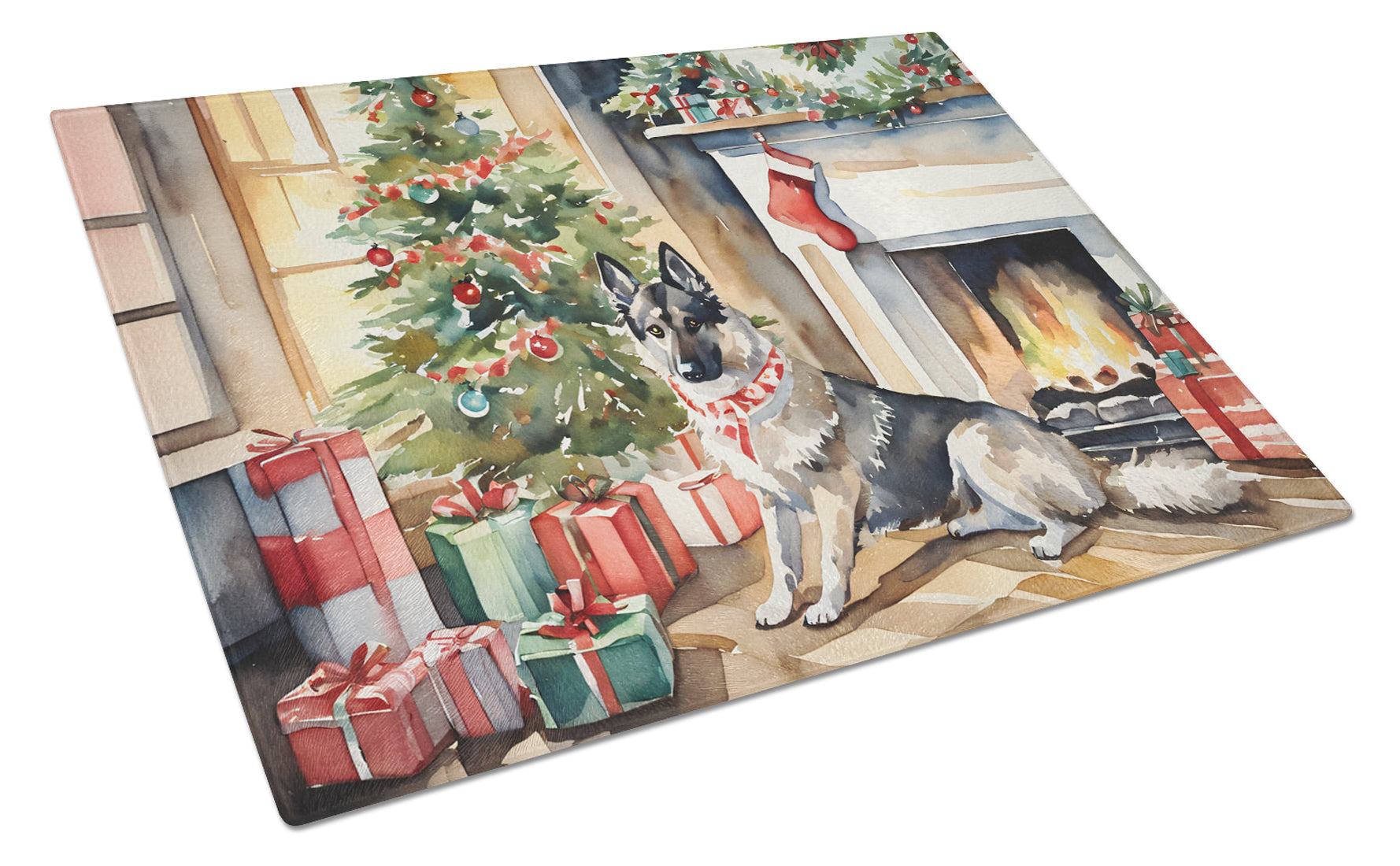 Norwegian Elkhound Cozy Christmas Glass Cutting Board