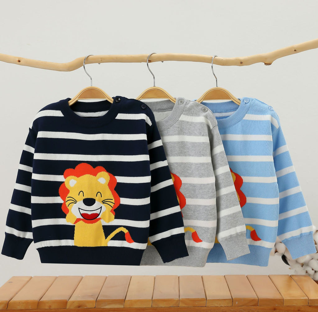 Boys Long Sleeve Combed Cotton Lion Knit Sweater