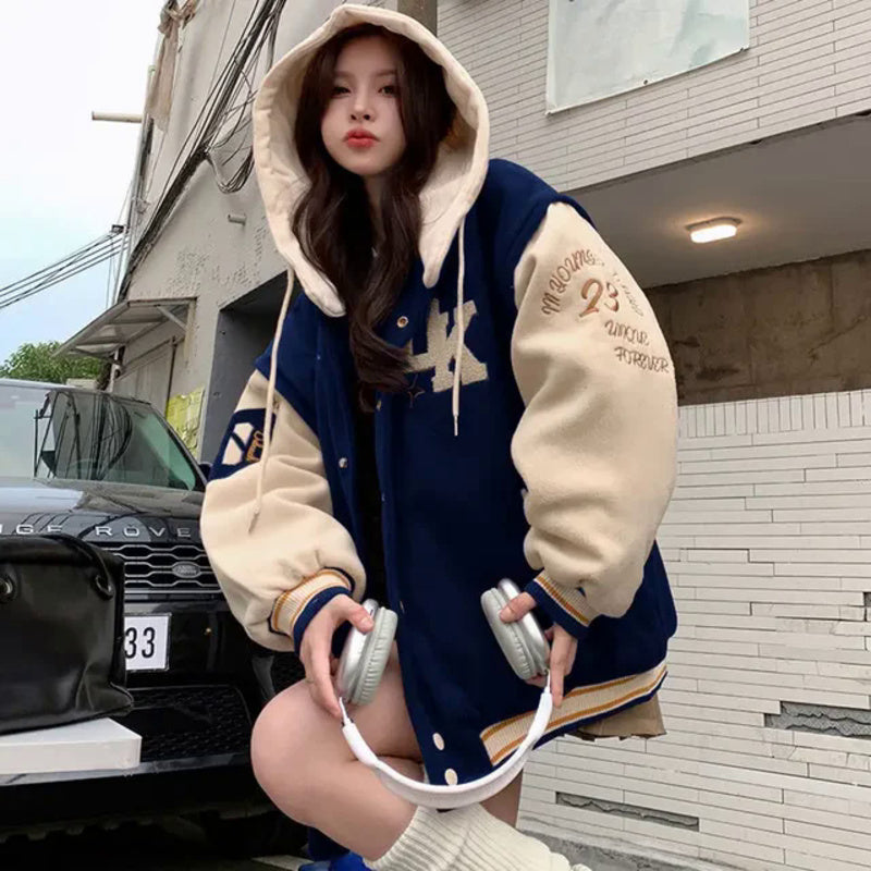 2024 Women's Retro Embroidered Hooded Baseball Jacket