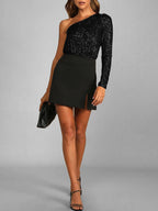 Women's Summer One-Shoulder Sequin Playsuit Bodysuit