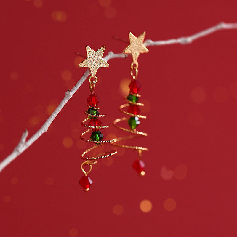 Silver Christmas Tree Star Tassel Earrings