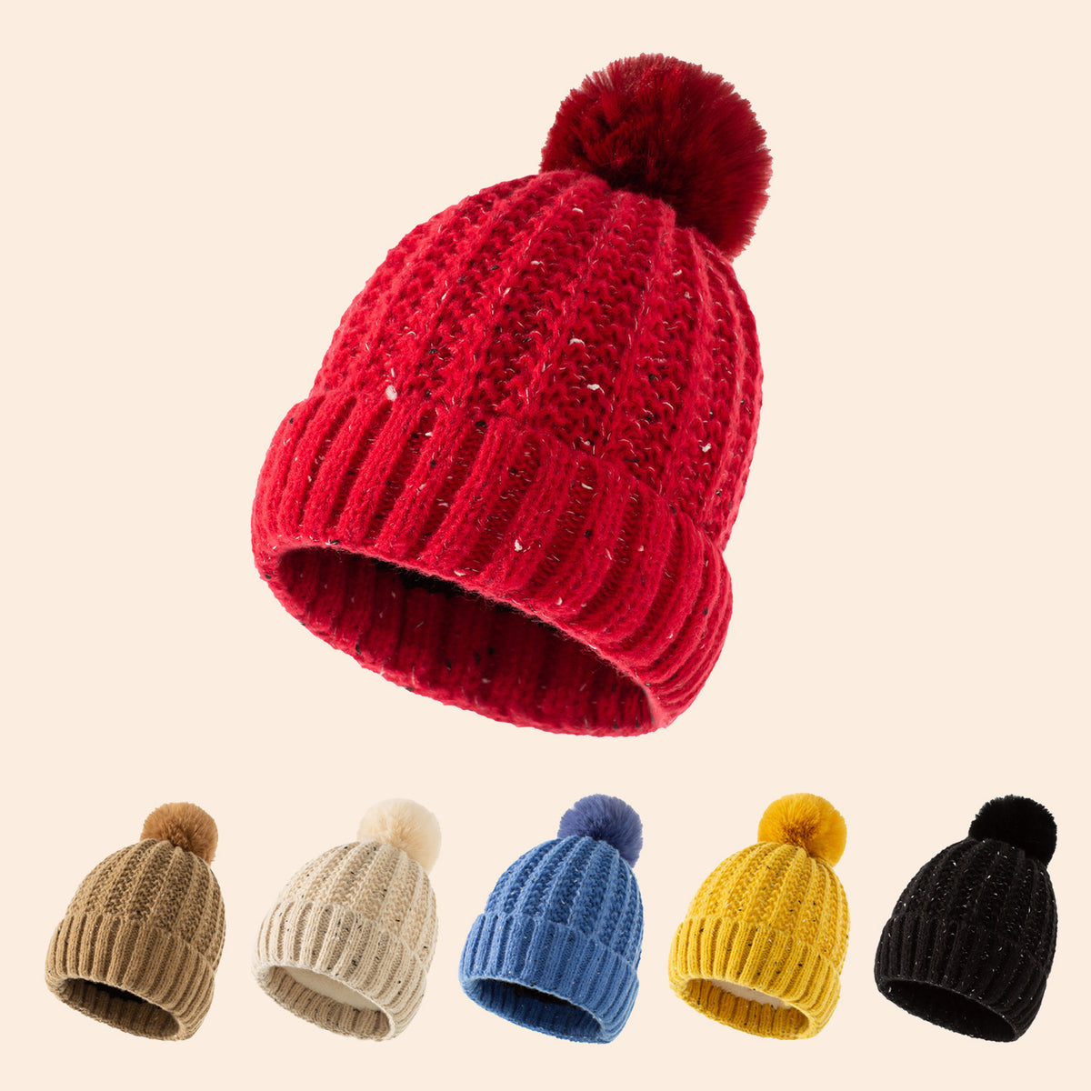 Warm Fleece-lined Knitted Hat with Fur Ball for Women | Embroidered Cap