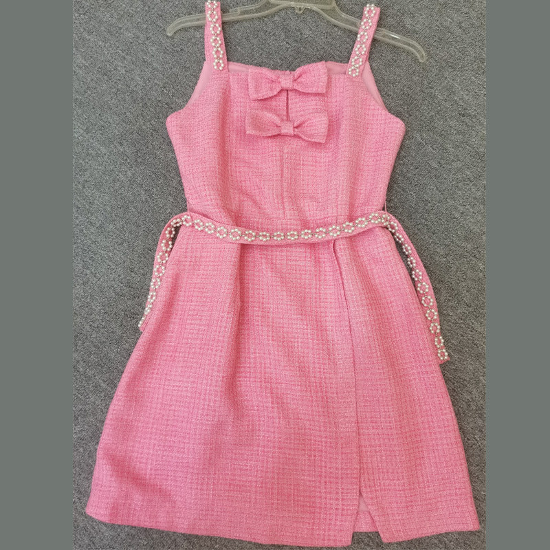 Pink Strappy Bow Dress in Classic Carded Wool Fabric