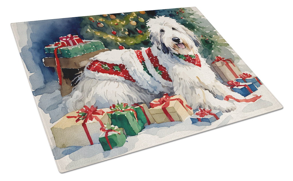 Old English Sheepdog Cozy Christmas Glass Cutting Board