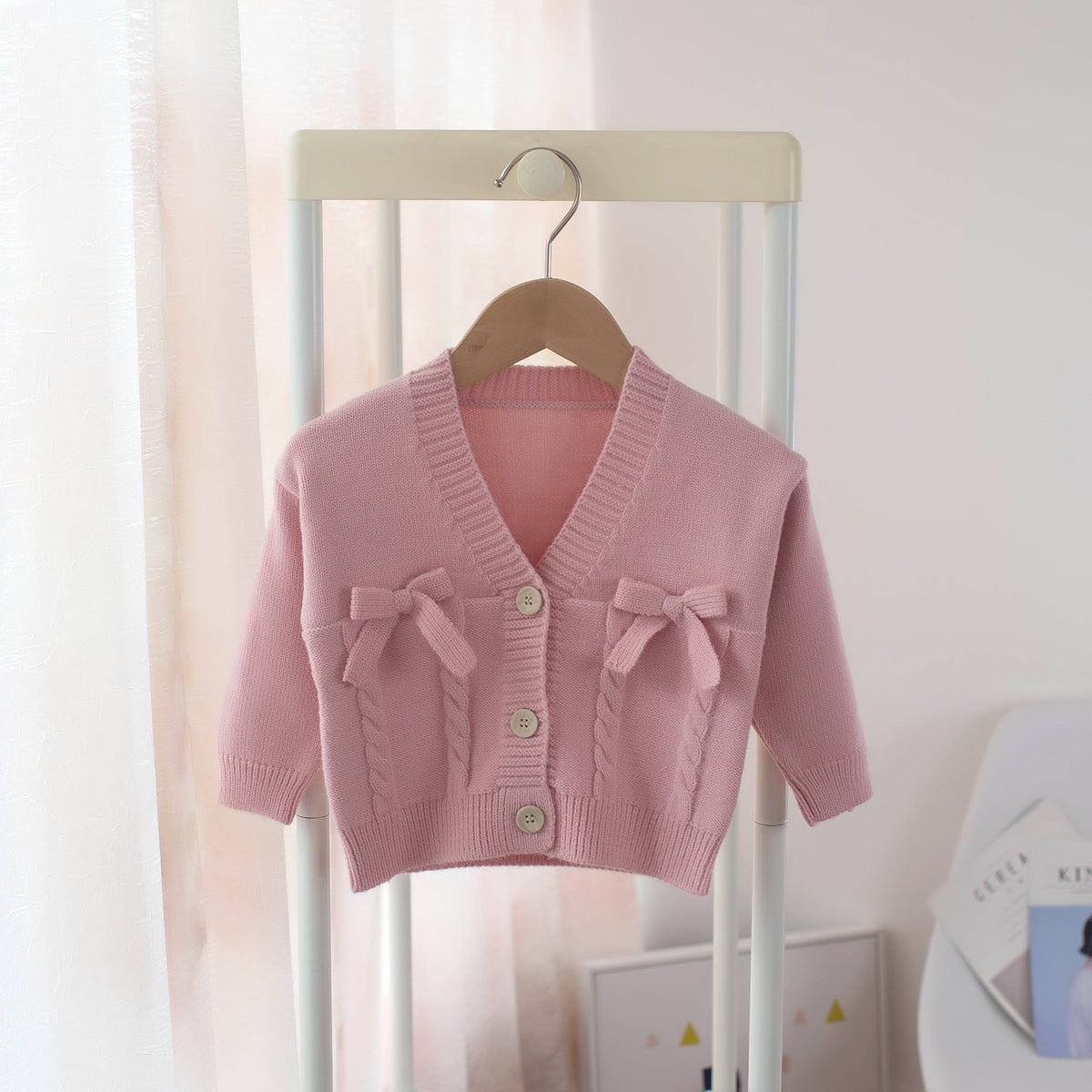 Girls V-Neck Bow Knot Cardigan Sweater for Kids