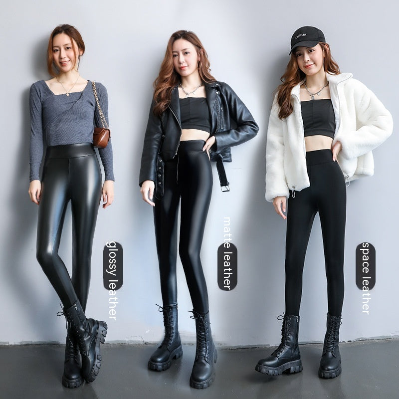 PU Fleece-lined High Waist Windproof Waterproof Leggings