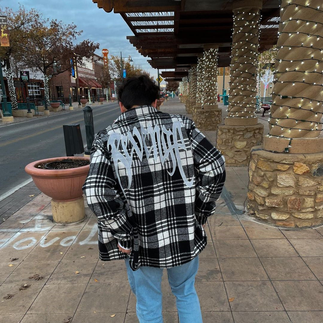 Embroidered Plaid Pattern Loose Zipper Coat Shirt