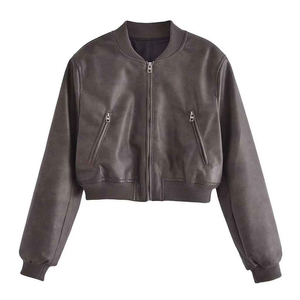 Classic Stand Collar Polished Leather Distressed Coat
